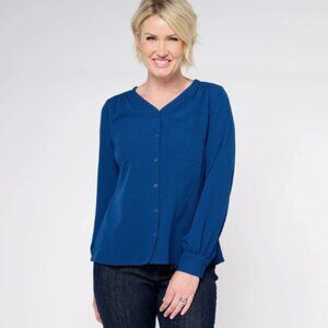 Denim & Co. V-Neck Button Front Shirt-Night Sky-XS-NEW-A619123